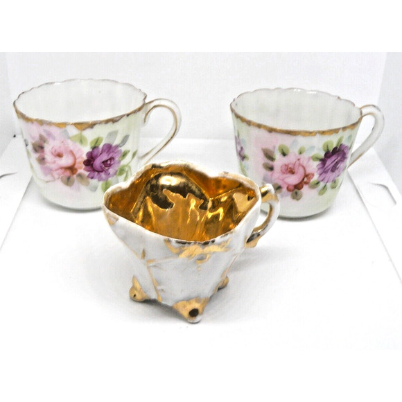Antique? Hand Painted Gilded Porcelain Demitasse Cups Pink Roses Vtg Gold Lined - Picture 3 of 3